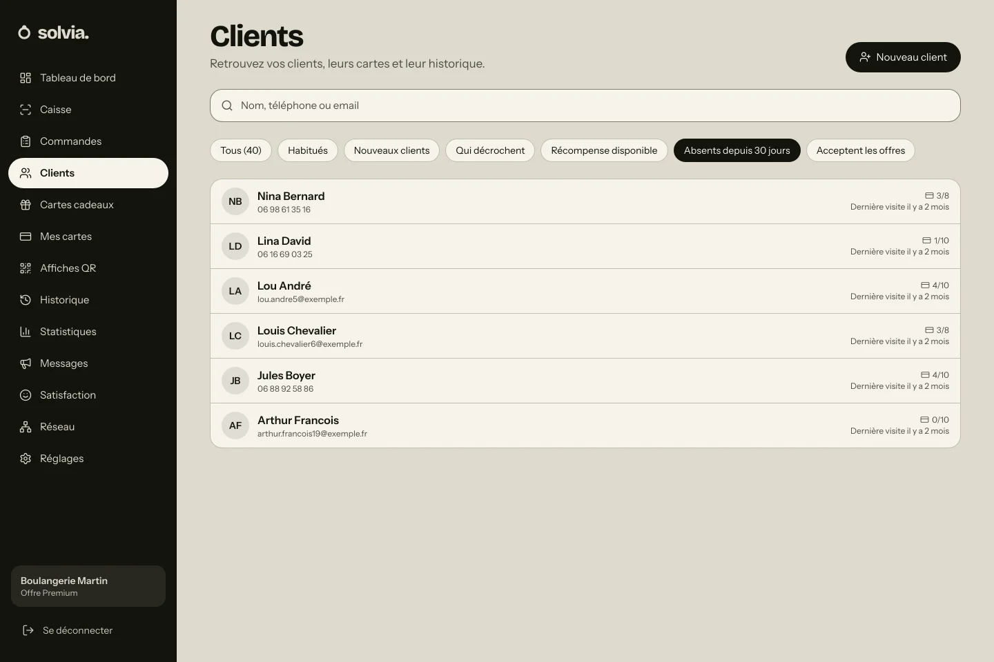 Écran Clients de Solvia, filtre « Absents depuis 30 jours » : six clients et leur dernière visite.