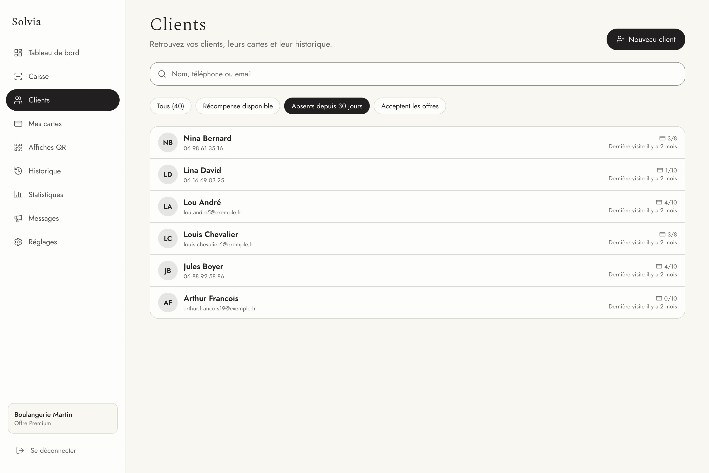 Écran Clients de Solvia, filtre « Absents depuis 30 jours » : six clients et leur dernière visite.