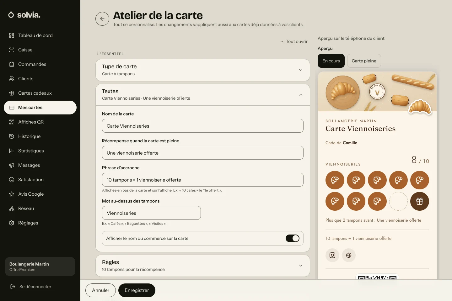 Écran Atelier de la carte de Solvia : les textes de la carte et son aperçu sur le téléphone du client.