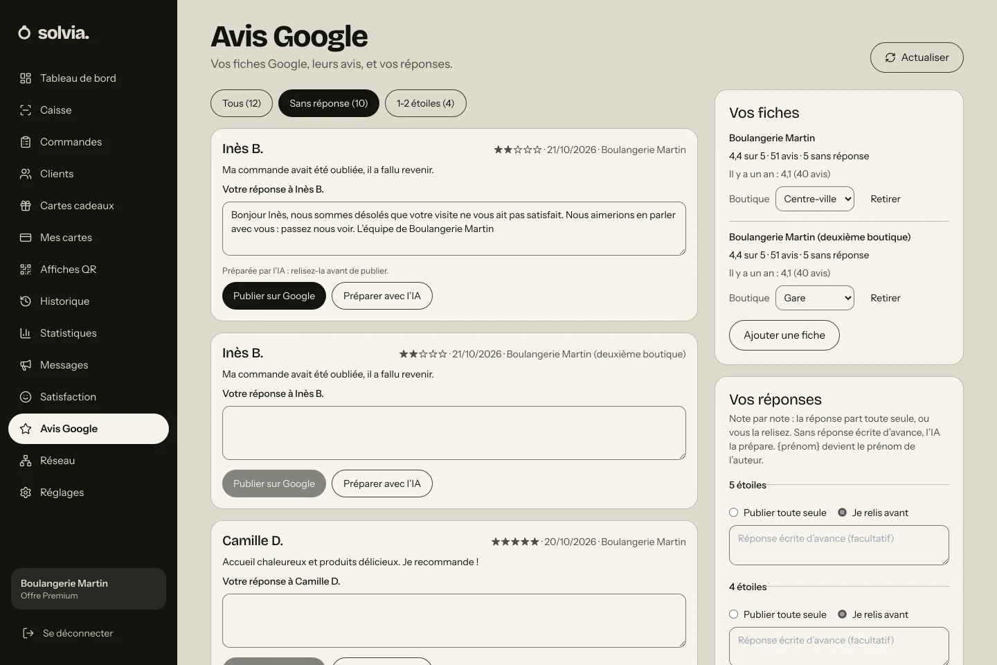 Écran Avis Google de Solvia : les avis d’une fiche, et la réponse préparée pour un avis à 2 étoiles.