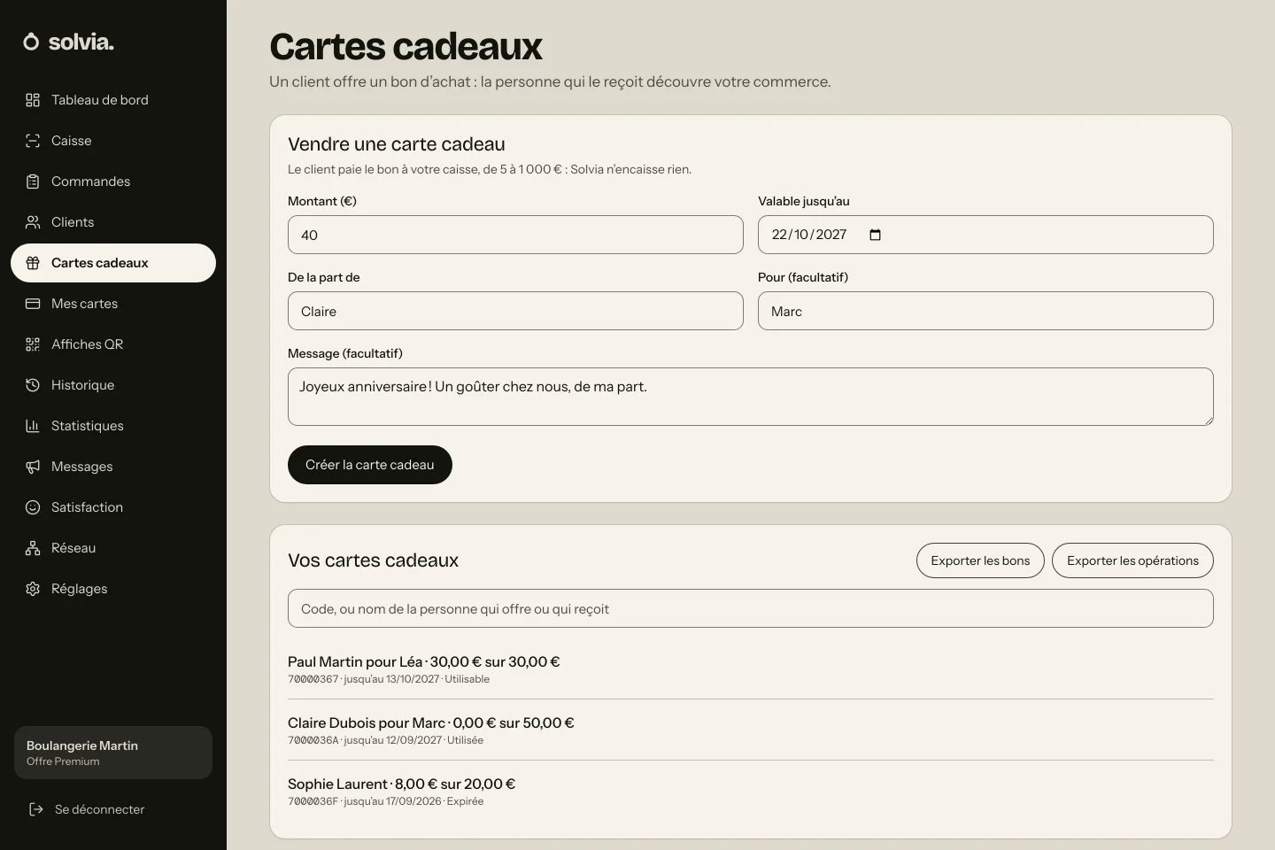 Écran Cartes cadeaux de Solvia : une carte de 40 € préparée à la caisse, et les cartes déjà vendues avec leur solde.