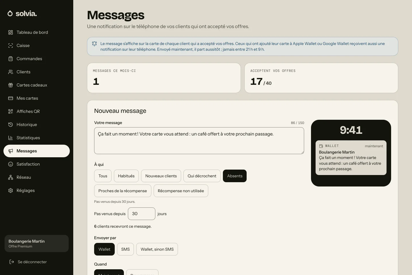 Écran Messages de Solvia : un message pour les clients absents depuis 30 jours, six destinataires, et l’aperçu de la notification.