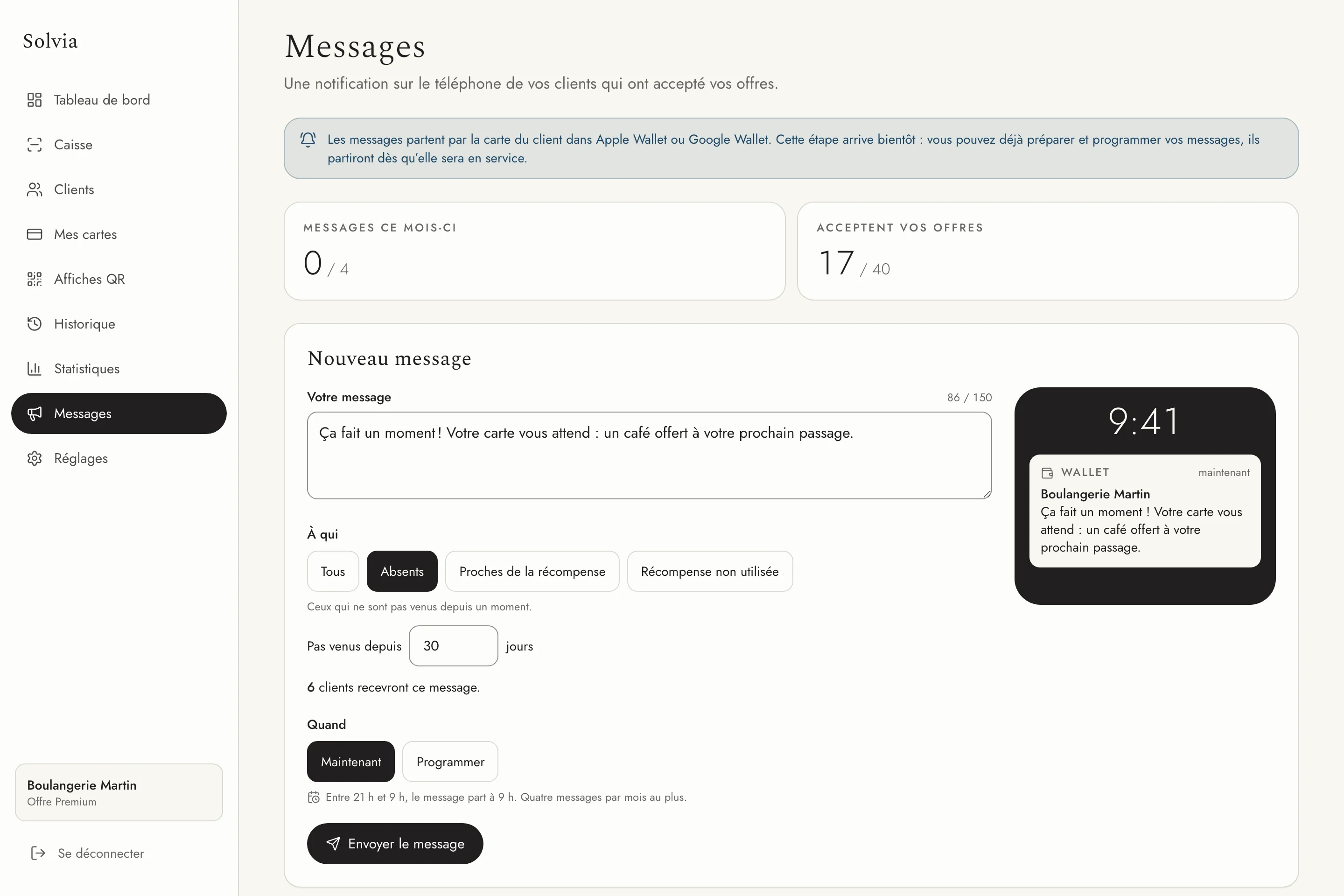Écran Messages de Solvia : un message pour les clients absents depuis 30 jours, six destinataires, et l’aperçu de la notification.
