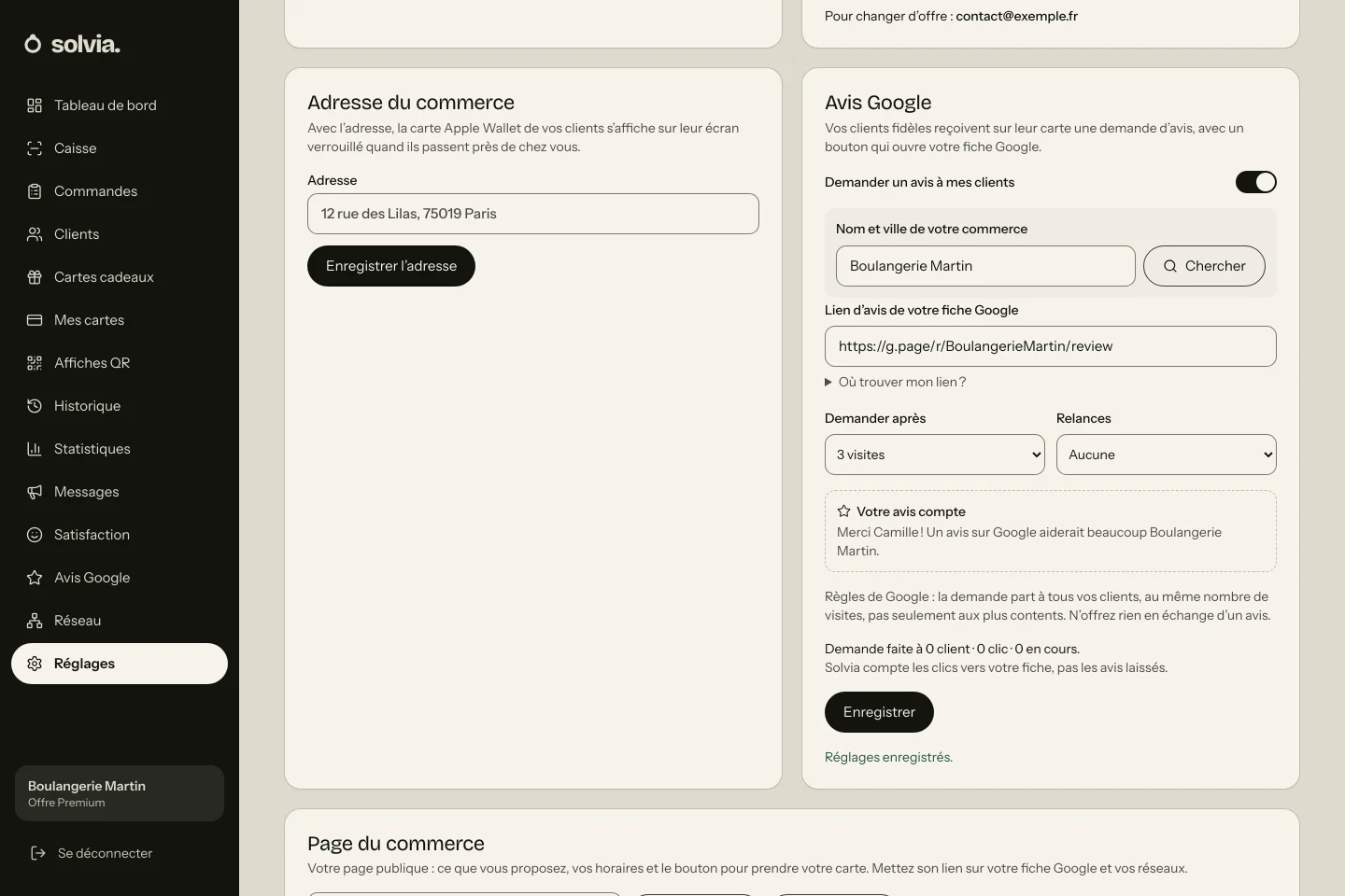 Écran Réglages de Solvia, partie Avis Google : le lien de la fiche, la demande après 3 visites, et l’aperçu de la demande.