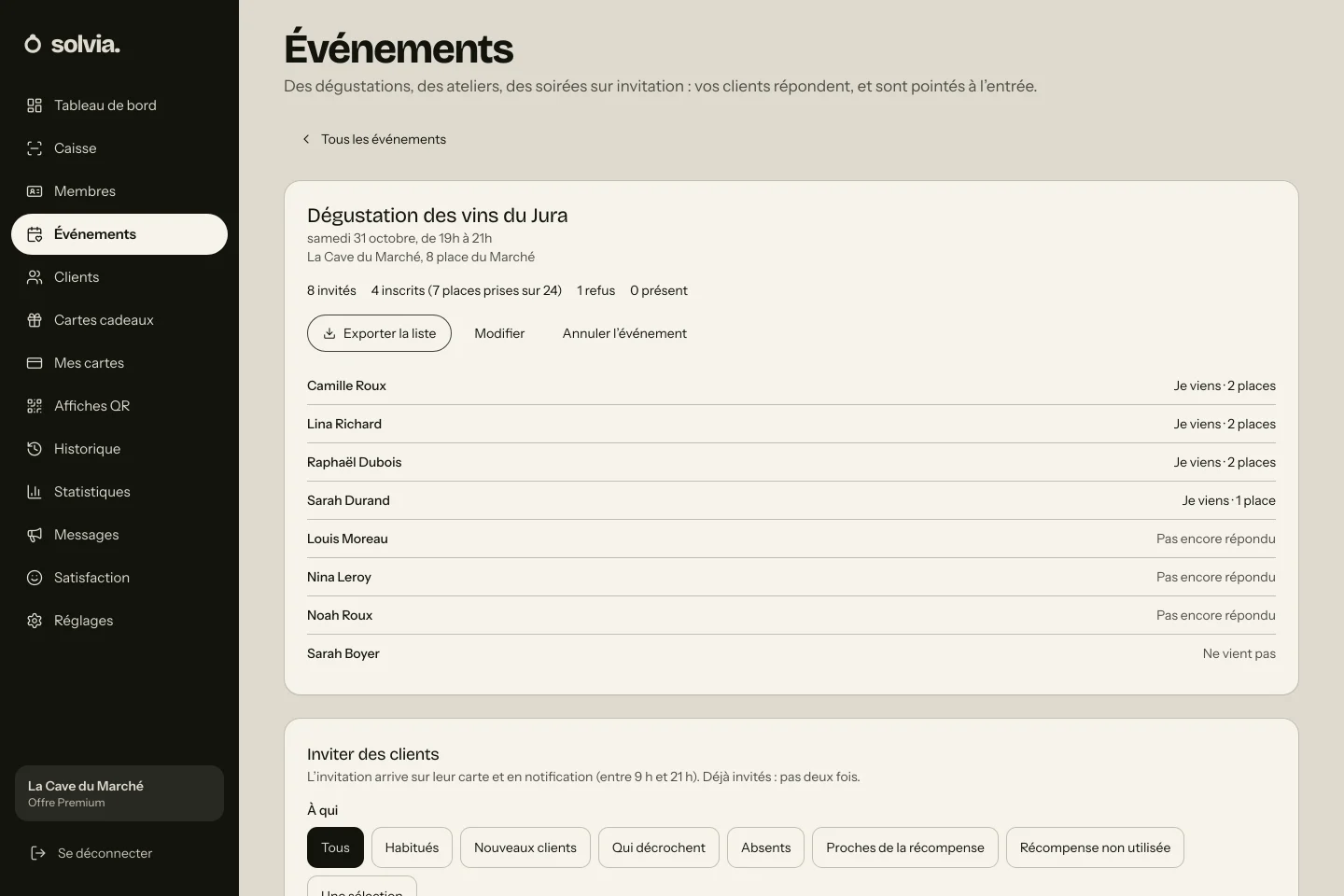 Écran Événements de Solvia : une dégustation avec ses invités, ses inscrits, ses refus et la réponse de chaque invité.