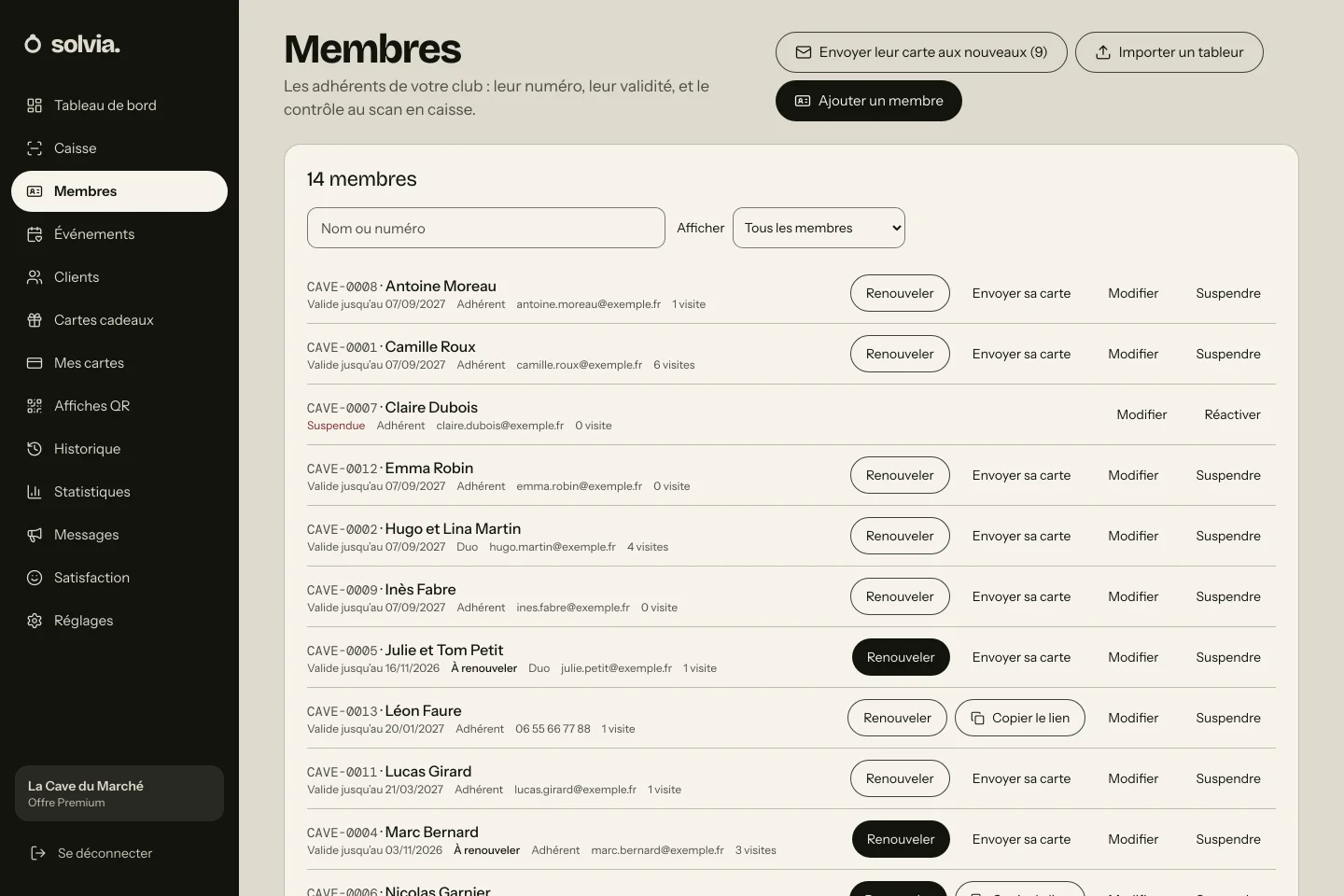 Écran Membres de Solvia : les adhérents d’une cave, leur numéro, leur validité et les renouvellements à faire.