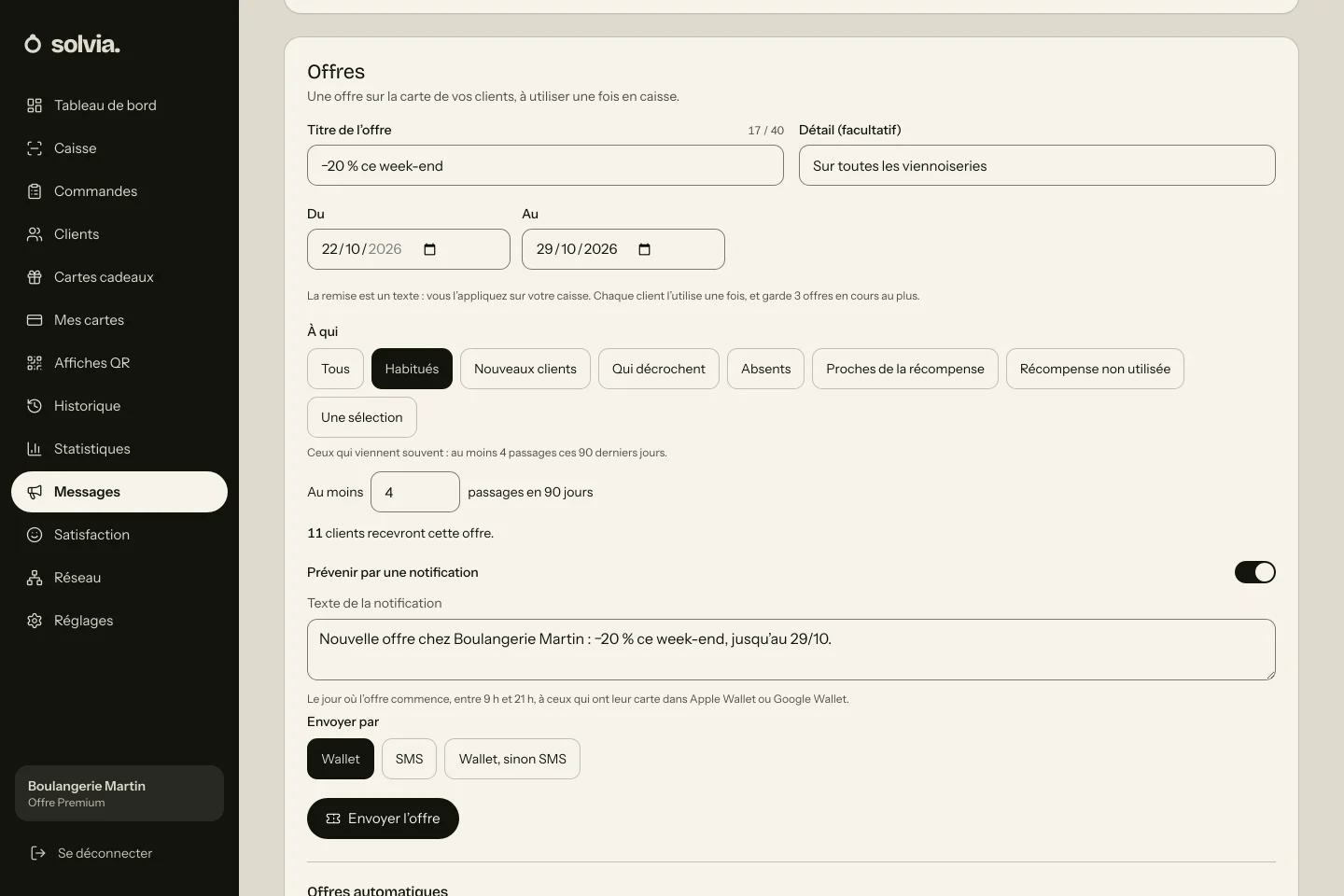 Écran Messages de Solvia, partie Offres : une offre « −20 % ce week-end » pour les habitués, et le nombre de clients qui la recevront.