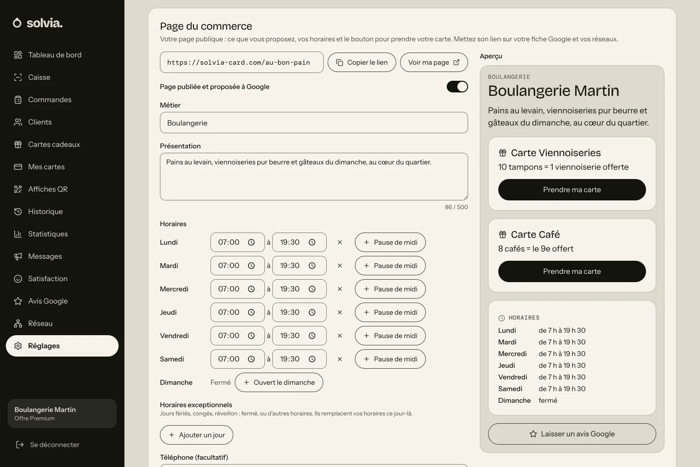 Écran Réglages de Solvia, partie Page du commerce : le métier, la présentation, les horaires et l’aperçu de la page.