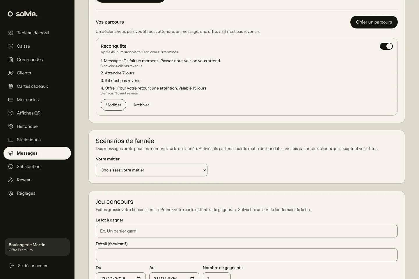 Écran Messages de Solvia, partie Parcours : le parcours « Reconquête », ses étapes, ses envois et ses clients revenus.
