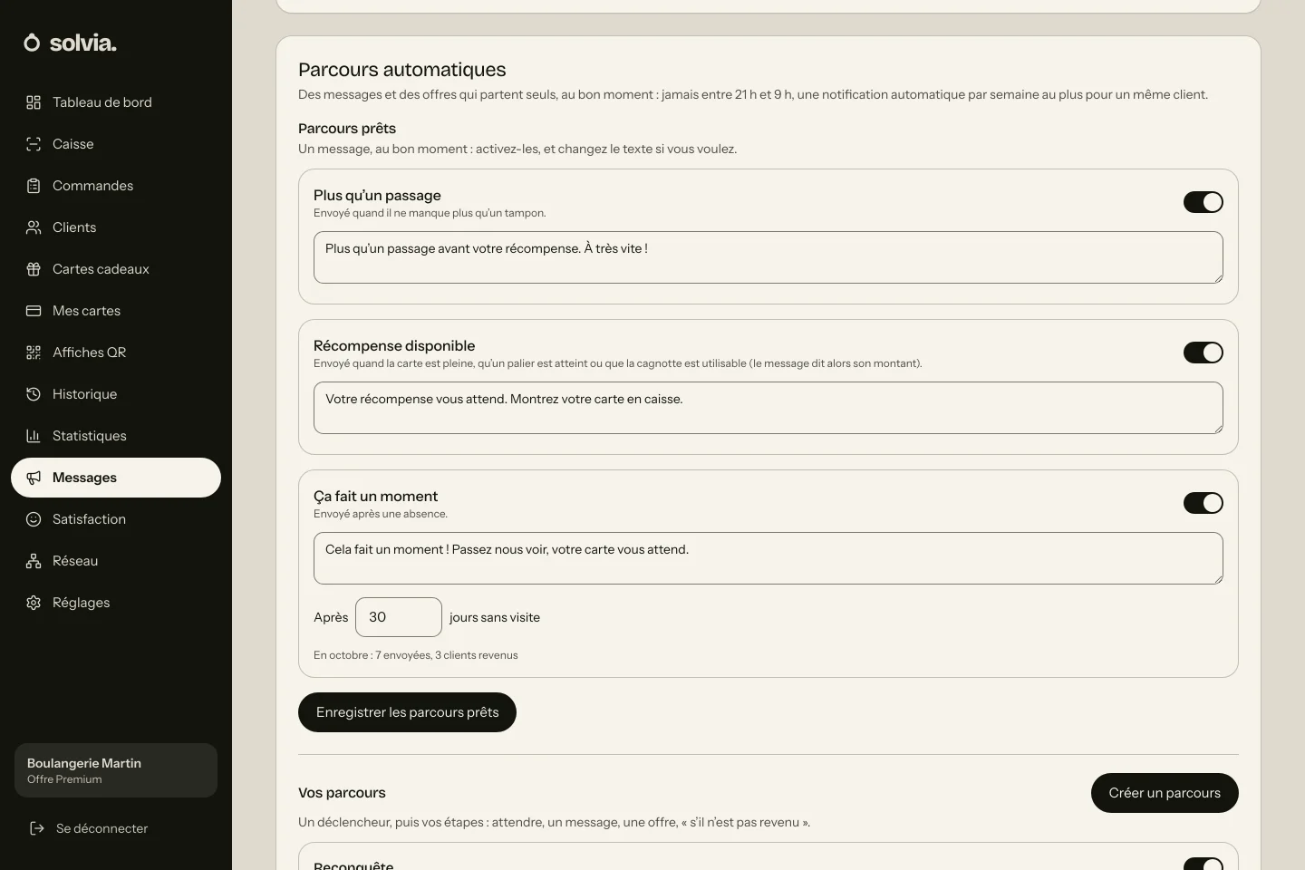 Écran Messages de Solvia : les trois relances automatiques activées.