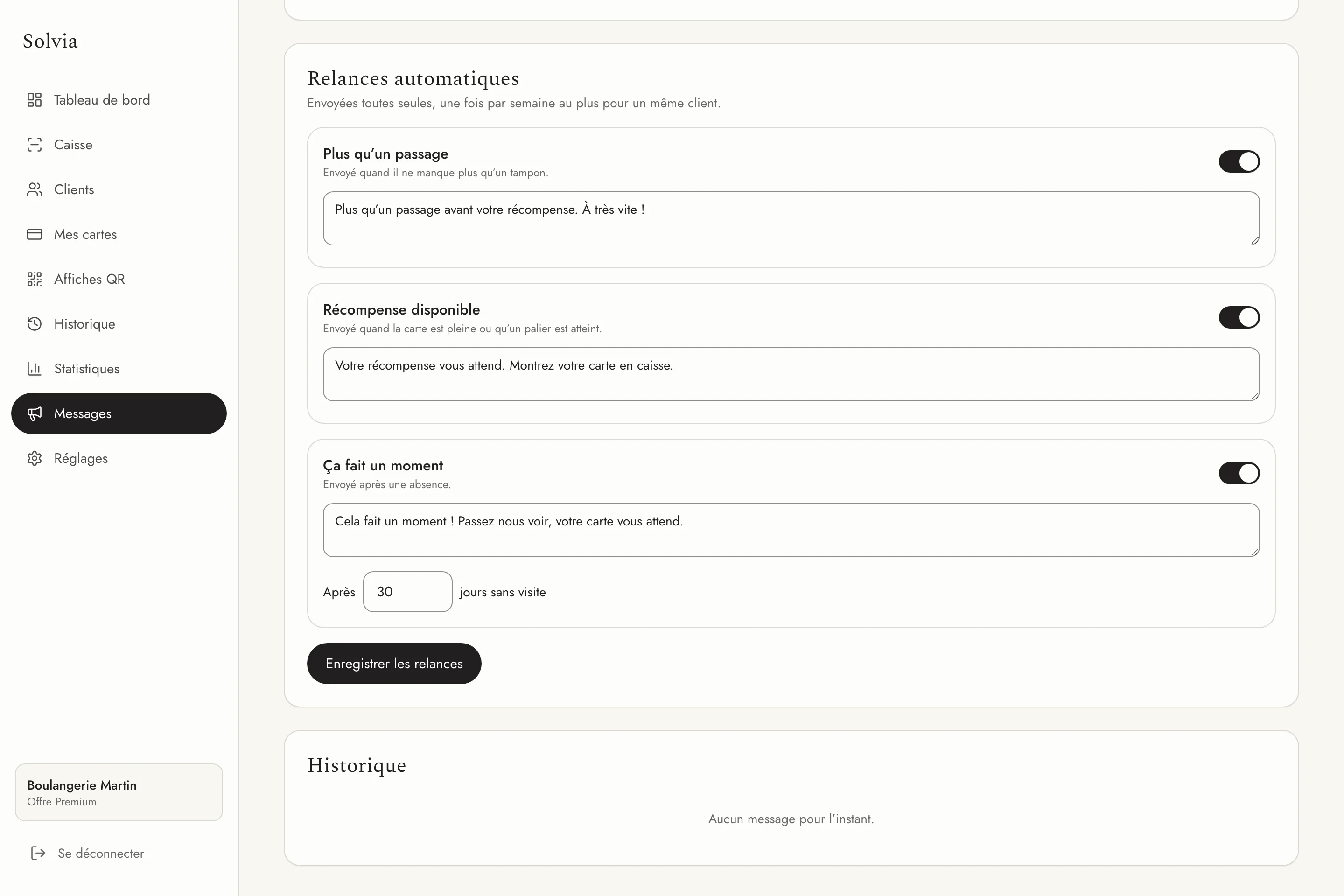 Écran Messages de Solvia : les trois relances automatiques activées.