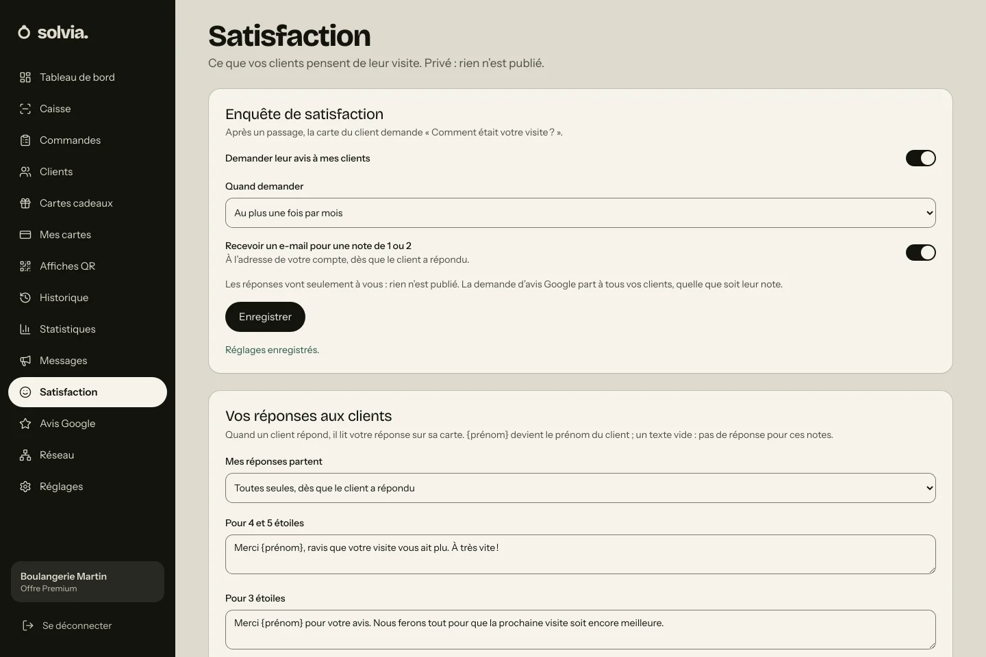 Écran Satisfaction de Solvia : l’enquête activée, au plus une fois par mois, et l’alerte pour une note de 1 ou 2.